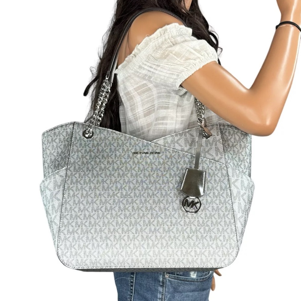 RARE Michael Kors Jet Set Travel Large Chained Tote Shoulder Bag MK Silver NWT